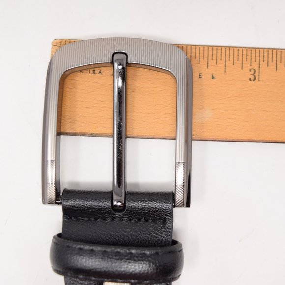 Faux Leather Belt Men 61 65 Black Career Professional Silvertone Buckle Preppy - Picture 10 of 11